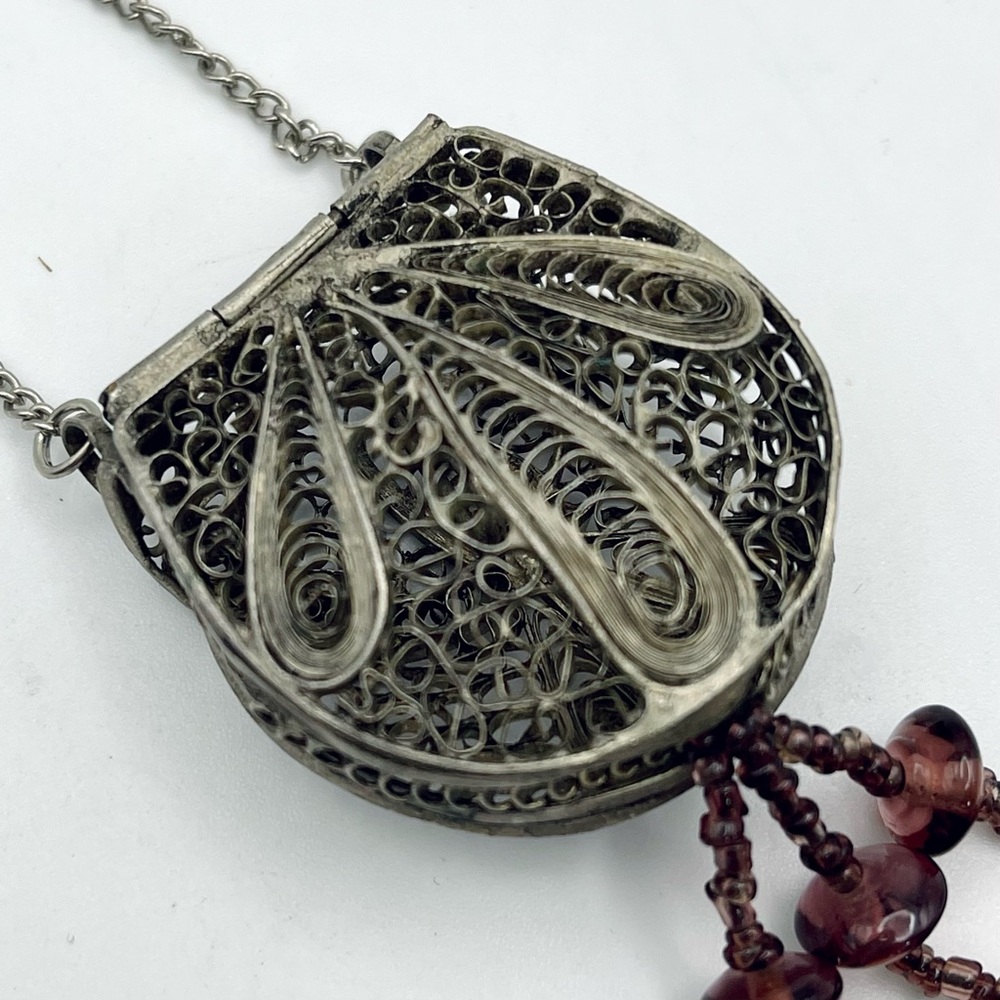 Antique Silver Filigree Purse Pendant Necklace With Amethyst Accents - Picture 13 of 15